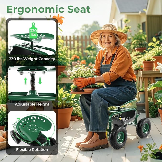 DORTALA 4-Wheel Rolling Garden Cart Work Seat with 360 Swivel &amp Height Adjustable Seat Heavy Duty Planting Cart with Storage Basket Green