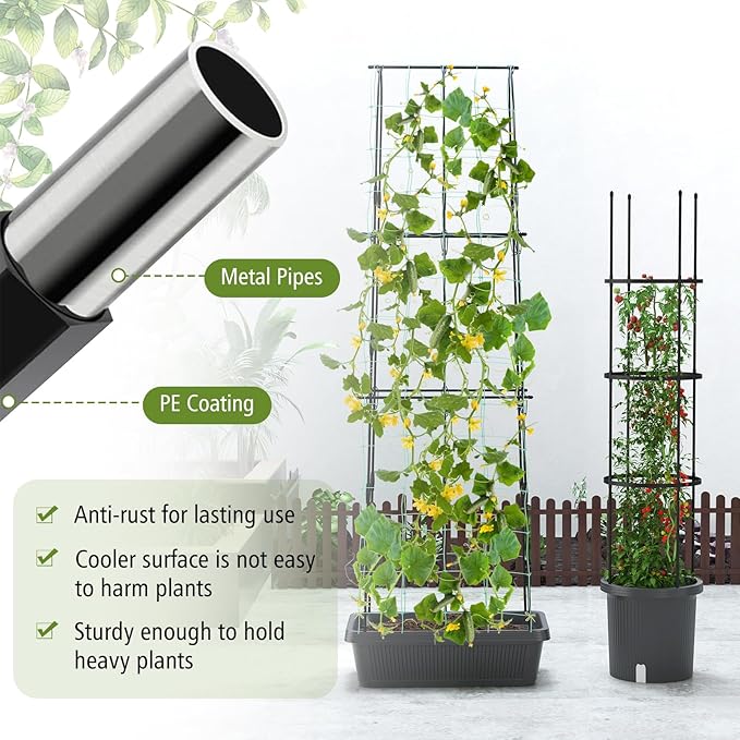 Happygrill 2 Pack Tomato Cage Metal Garden Trellis w/Adjustable Height &amp Self-Watering System for Vines Potted Plants Vegetables Tall Plant Support Tomato Trellis w/Planter Box
