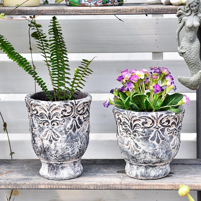 Sungmor 6.1 Inch Cement Plant Pot for Plants Succulent Planter with Embossed Design Vintage Concrete Flowerpots with Drainage Hole Decorative Orchid Houseplant Pot Indoor Outdoor Plant Container