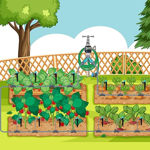 32FT Drip Irrigation System with Quick-Connect Automatic Garden Watering System with 1/4 &amp 1/2 Tubing with Y-Type Water Dsitributor Potted Plants DIY
