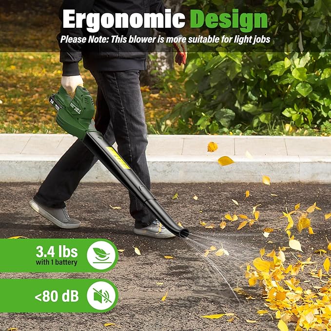 SEYVUM Leaf Blower 20V Cordless Blower with 2 x 2.0Ah Battery Electric Leaf Blowers for Lawn Care 350 CFM 150 MPH Battery Powered Leaf Blower for Patio Garden Cleaning Fast Charger Dark Green