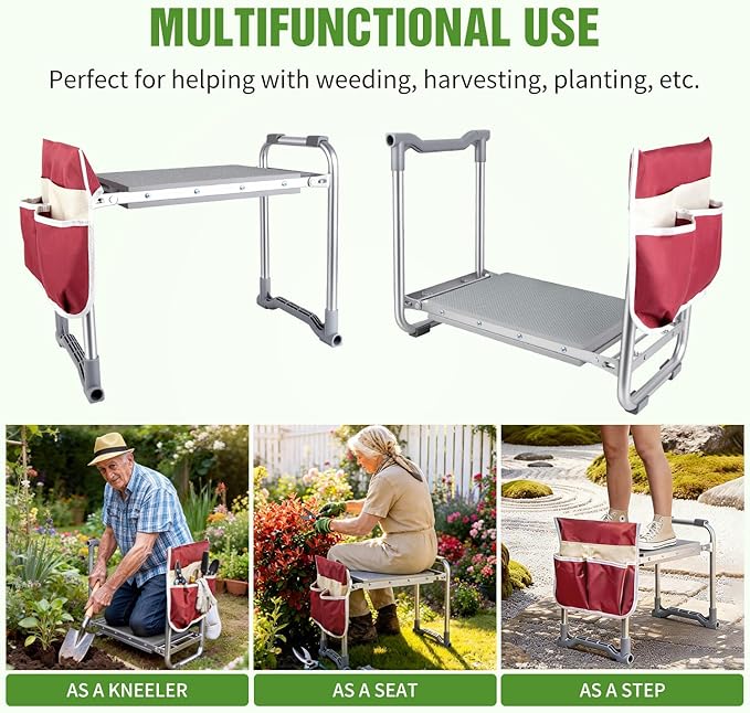 Foldable Garden Kneeler and Seat 2 in 1 Heavy Duty Garden Stool Portable Gardening Knee Seat with Pad &amp Tool Bag Sturdy Garden Kneeling Bench for Weeding Planting Supports Up to 400lbs
