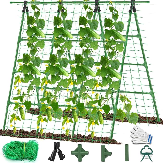 A-Frame Cucumber Trellis for Raised Bed - 63”H x 47”W Heavy-Duty Detachable Garden Trellis with Netting &amp Clips Support for Climbing Outdoor Cucumber Tomatoes Luffa Bitter Melon Vining Flowe