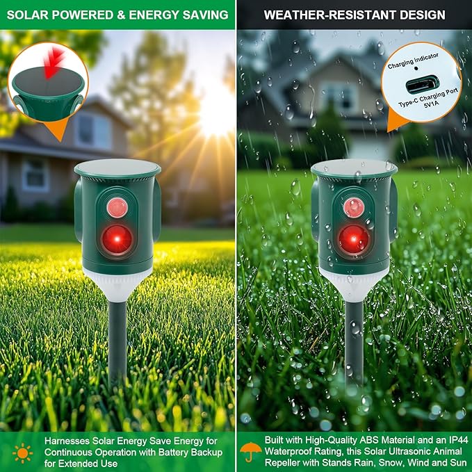Solar Ultrasonic Animal Repellent Outdoor 360° Motion Activated Pest Deterrent with Strobe Light Waterproof Garden Protection for Cats Dogs Squirrels RaccoonsSkunks Rabbits Coyotes