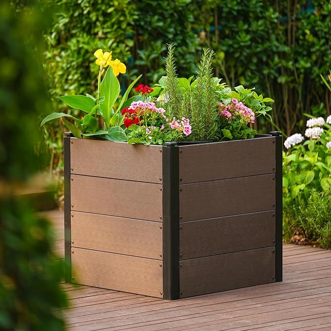 Wood Raised Garden Bed 25x25x23 in Tall Outdoor Planter Box with Bottom Deep Root Elevated Garden Bed for Vegetables Herbs Flowers All-Weather Composite Rectangle Planter for Patio Backyard