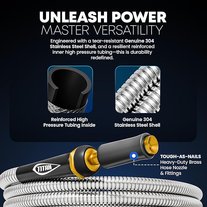 TITAN Garden Hose 150FT - 304 Stainless Steel Metal Water Hose Flexible Kink-Free Lightweight Durable Crush Resistant Fittings Easy to Coil 500 PSI