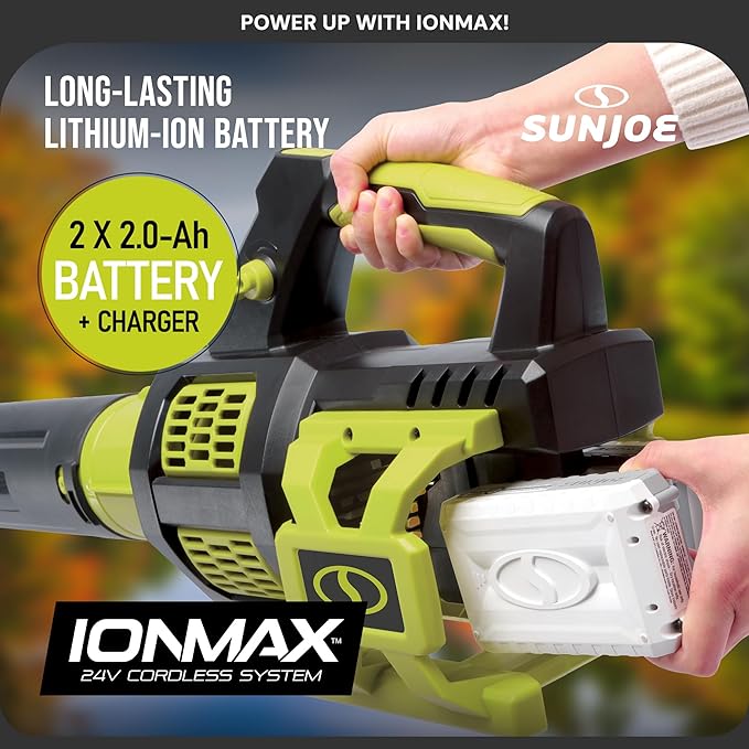 Sun Joe Cordless Brushless Turbine Jet Blower Kit with 2 Batteries &amp Charger 24V 133 MPH - Portable and Lightweight Battery-Powered Electric Equipment for Lawn Garden and Yard Care 24V-X2-JB5