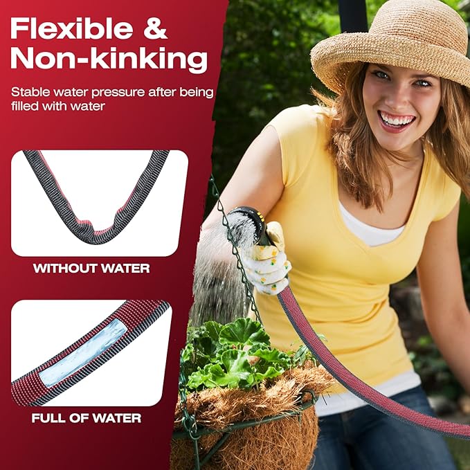 2026 Upgraded Non-Expanding Garden Hose - 100FT Lightweight Flexible High-Pressure Anti-Kink/Burst-Resistant Lead-Free Outdoor Water Hose (Gray/Red)