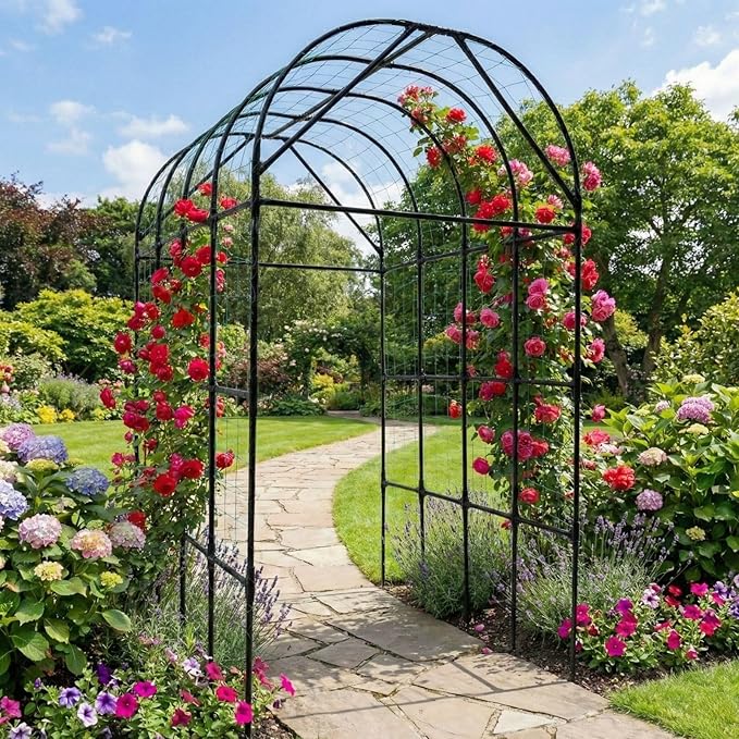 Garden Trellis Arch 7FT Tall – Plastic Coated Metal Arch Trellis for Climbing Plants Outdoor Weather-Resistant Steel Garden Arch for Vegetables Cucumber Tomato Raised Bed Trellis