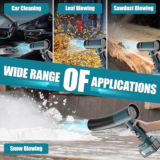 Hamos Powerful Car Dryer Air Blower 670CFM Airflow 4-Speed 4Lb Max Thrust 4.0Ah Battery and Charger 2 Extended Tube &amp LED Super Electric Leaf Blower for Car/Lawn/Garage/Patio/Yard (Black Blu
