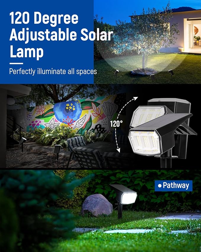 Solar Spot Lights Outdoor Waterproof 2 Pack IP65 63 LED 3 Lighting Modes Spotlights for Yard Garden House Garage Pathway