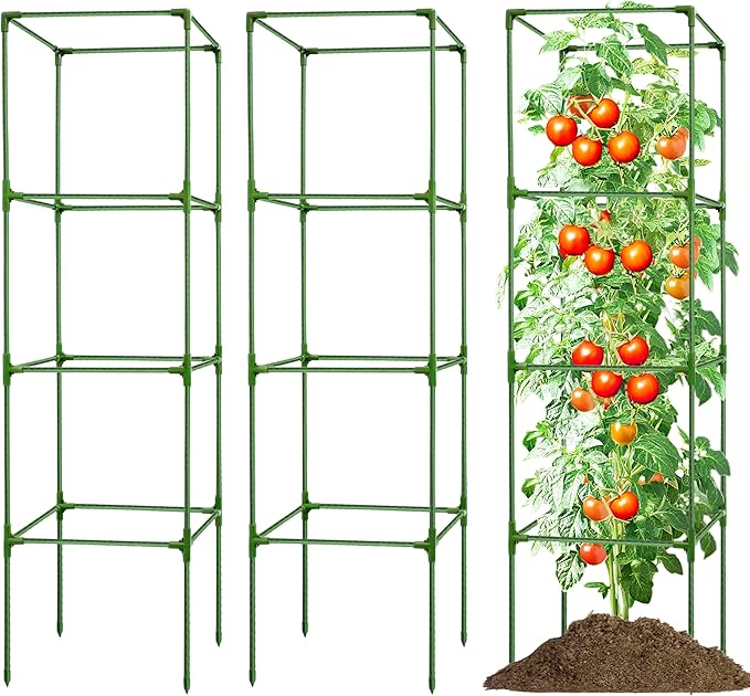 3 Pack Square Tomato Cages for Garden - 56 Inch Heavy Duty Tomato Plant Support Stakes Sturdy Metal Core with Rust-Resistant Coating Tomato Trellis for Raised Beds