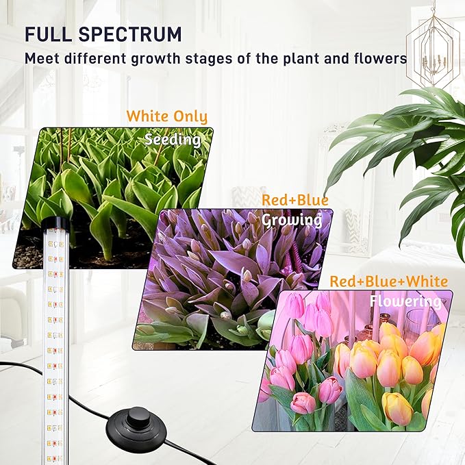 2PCS T8 Standing Grow Light 42W Full Spectrum LED Grow Light for Indoor Plants Plant Lamp with 243 LEDs Wide Illumination Area 4FT Height with On/Off Switch and Tripod Floor Stand
