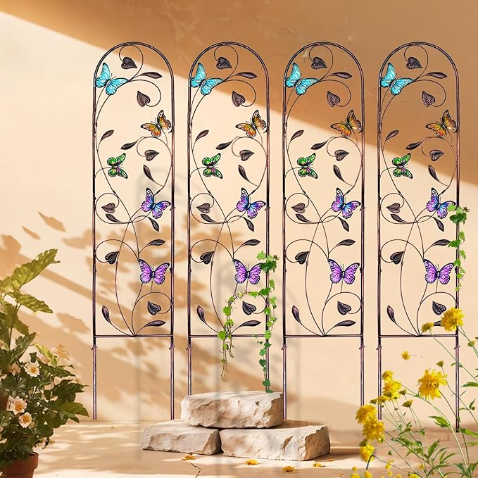 aboxoo Set of 4 Packs Butterfly Metal Garden Trellis for Climbing PlantsOutdoor Decorative Flowers Arch Fence Trellis for Outdoor PatioGardenLawnYardBackyardWall Brackets60'' H x 11'' W