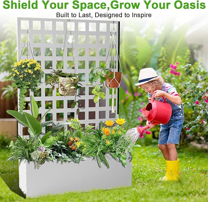 Metal Planter Box with Trellis Raised Garden Bed with Trellis 71x47x12 Planter Box with Privacy Screen and Drainage Holes for Climbing Plants Flower Privacy Planters for Patio White