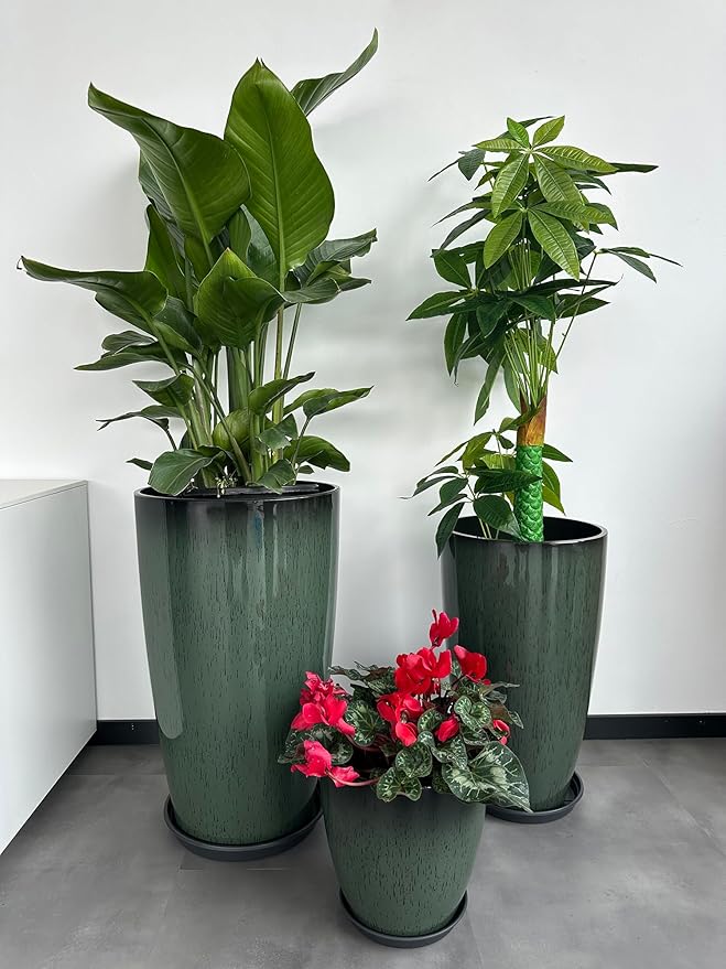 242111 Inch Large Plastic Planters with Drainage Hole and Saucer - Set of 3 Tall Plant Pots Indoor Flower Pot Tall Round Planters Outdoor Large Tall Planter
