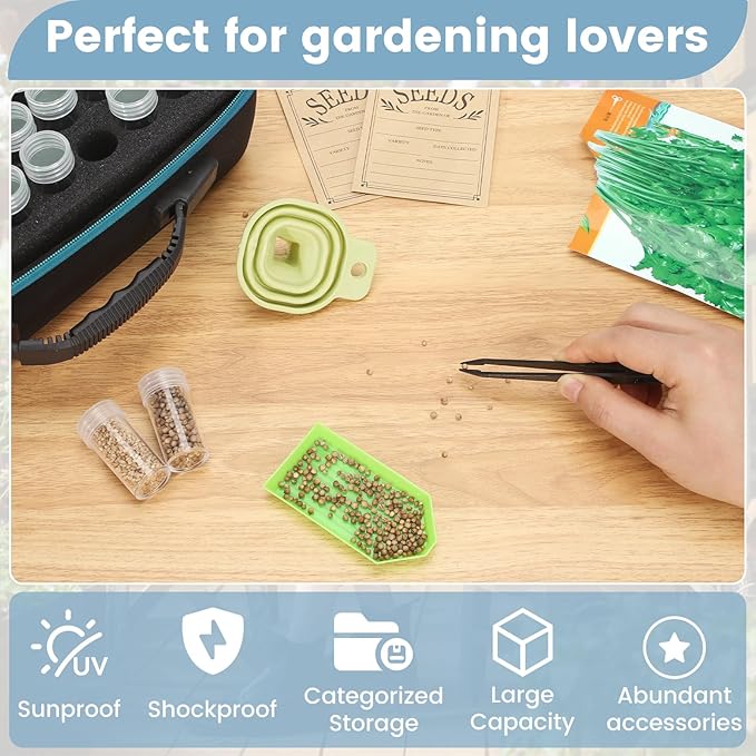 120 Slots Seed Storage Box with 25 Envelopes and Tools Large Sturdy Storage Organizer for Garden Plant Seeds Seed Bank with Zipper Label Funnel Tweezers Tray (Seeds Not Included)