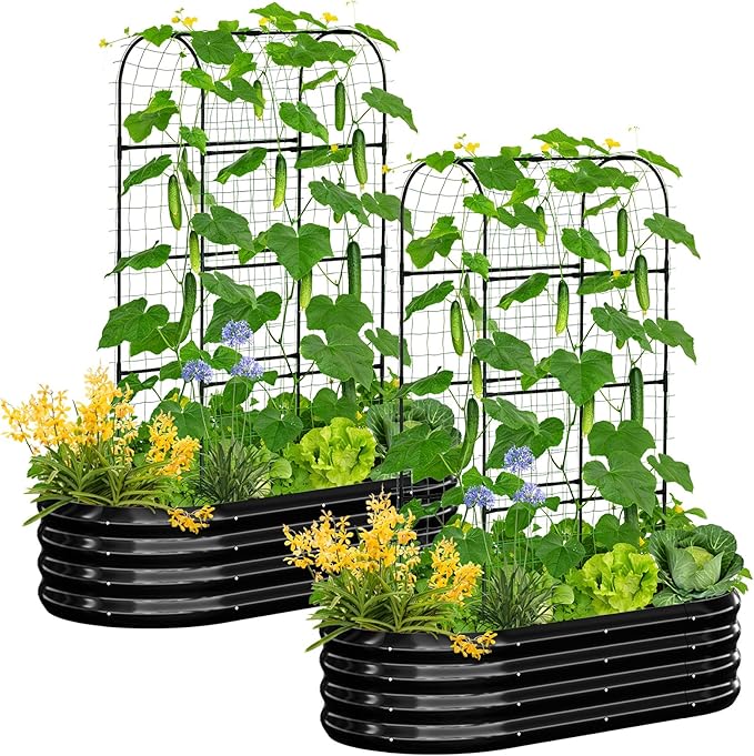 SUNYRISY 2Pack Galvanized Raised Garden Bed with 71in Arch Trellis for Climbing Plants Outdoor Planter Box with Climbing Net for Gardening Flowers Vegetables Fruits Herbs Black