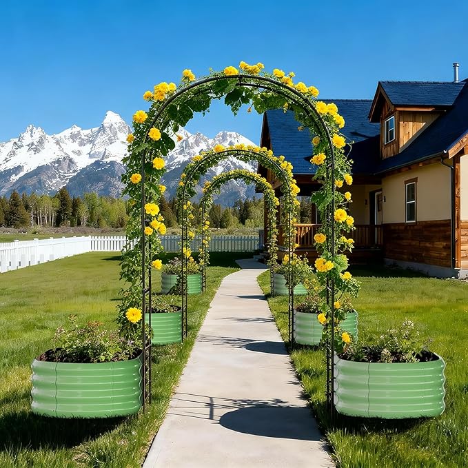 DoCred 3 in 1 Raised Garden Bed with 87in Tall Arch Trellis for Climbing Plants Galvanized Planter Garden Box Outdoor for Gardening Climbing Vegetables Flower Green