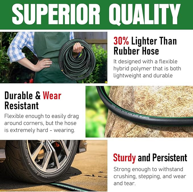 Heavy Duty Garden Hose 50 ft NON-EXPANDABLE Water Hose with 10 Function Spray Nozzle Lightweight Kink-less Hybrid Hose with Swivel Handle Male to Female Fittings