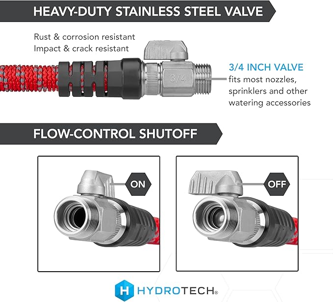 HydroTech 200 ft Expandable Garden Hose - Pro Series 2x Max Flow 3/4 No-Kink Flexibility Lightweight Hose for Lawn Garden Car Washing Deck and Patio Cleaning
