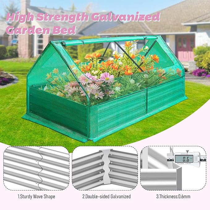 Galvanized Greenhouse 6x3x1ft Planter Bottomless BoxReinforced Frame Raised Garden Bed with Ventilation Windows Greenhouses for Outdoor Plants Vegetable Gardening (Green)