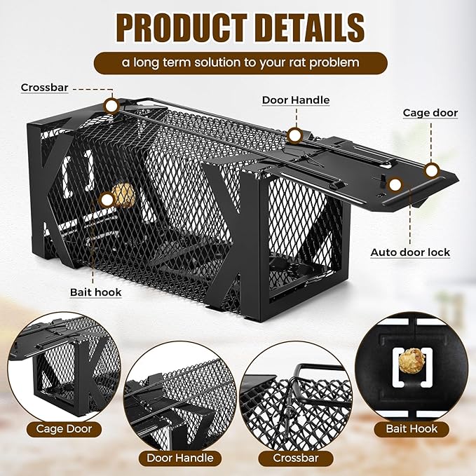 Qualirey 2 Pack Humane Rat Trap 9.8 Inch Upgraded Chipmunk Rodent Squirrel Trap with Adhesive Pre Baited Glue Boards Small Live Animal Catch and Release Hamsters Live Cage for Outdoor Indoor Home
