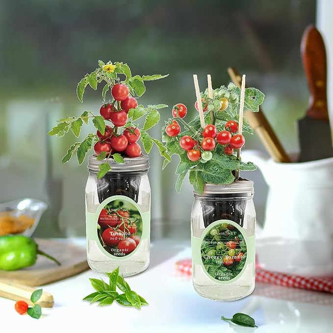 2-Pack Hydroponic Mason Jar Herb Garden Kit Indoor Herb Garden Self-Watering Starter Kit New Christmas Gift for Mom (Cherry TomatoRed Robin Tmato)