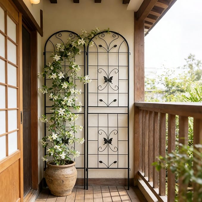 4 Pack Large Garden Trellis 86.7 H x 19.7 W Heavy Duty Rustproof Black Iron Plant Trellis for Potted Plant Support Metal Climbing Rose Trellis Vine Vegetable Cucumber
