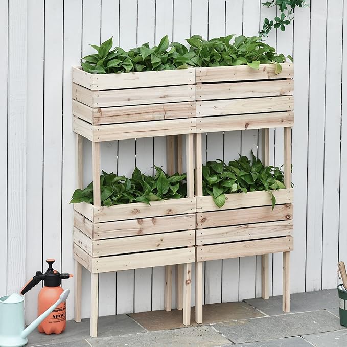 4PCS Raised Garden Bed Wooden Elevated Planter Box Kit with Bed Liner DIY Shape for Flowers Vegetables