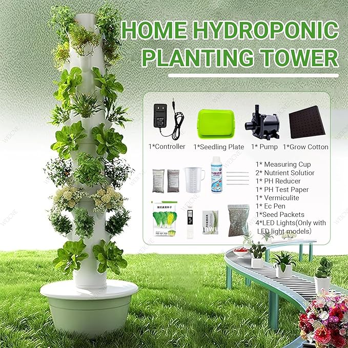 Hydroponic Tower | Vertical Planter Tower | Hydroponics Growing System Kit | Food Gradewith 20/28/36 Net Pots (with LED Grow Lights) 5Layer