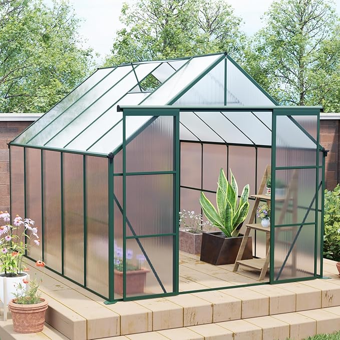 8x10 Greenhouse for Outdoor with Double Door and Adjustable Roof Walk-in Polycarbonate Gardening Green House with Raised Base and Anchor Drainage System for Backyard Lawn Green