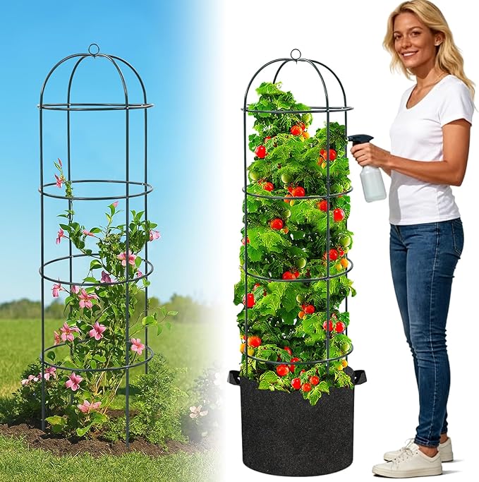 Large Trellis Garden Obelisk Trellis for Climbing Plants Outdoor 55 Metal Trellises for Tomato Cucumber Grape Clematis Rose Vine Support 4-Tier Heavy Duty Fit 25-Gallon Container Raised Bed