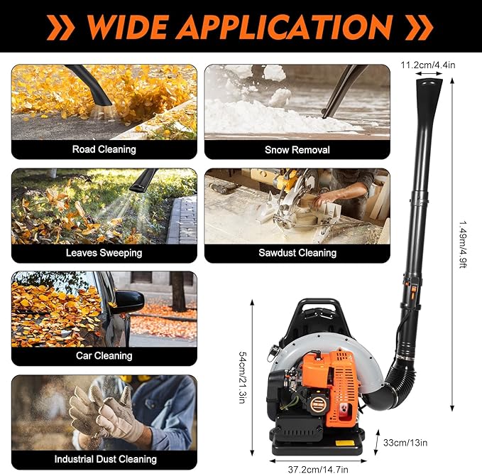 Backpack Gas Powered Leaf Blower Commercial 2.7kW 850CFM 63CC 4.3HP 2-Stroke Powerful Lightweight Gasoline Grass Lawn Blower w/Harness Air-Cooled &amp 1.8L Fuel Tank for Yard Lawn Care Snow Removal