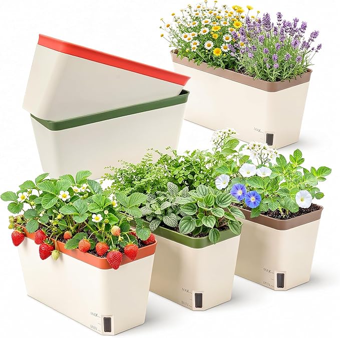 OurWarm Self Watering Pots for Indoor Plants 6 Pack 10.5 Inch Plastic Window Herb Planter Box with Water Level Indicator Modern Decorative Windowsill Planters for Herbs Flowers Seedlings