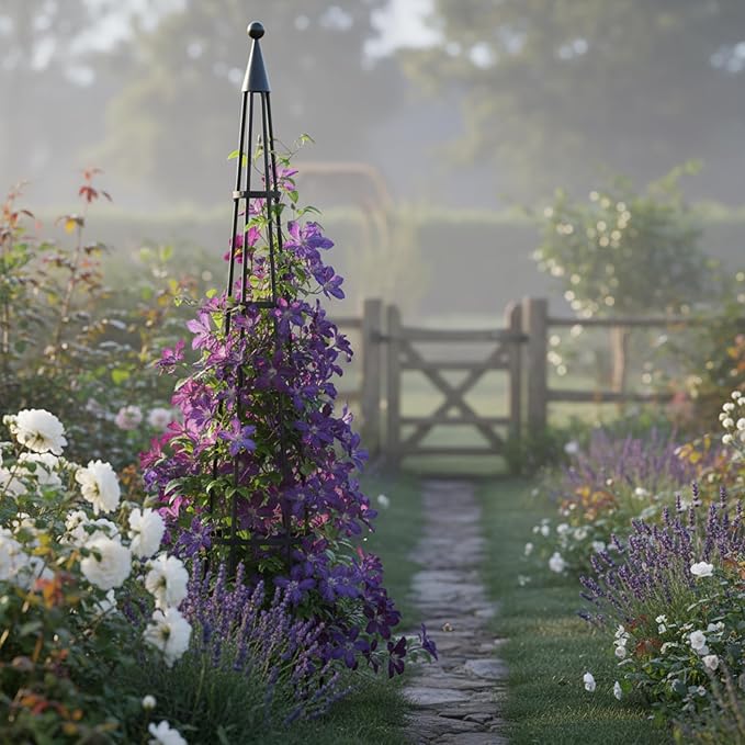 4 Rings Obelisk Wrought Iron Garden Trellis Freestanding Vertical Plant Support for Vines Jasmine Snap Peas Runner Beans 61” &amp 85” H Graphite