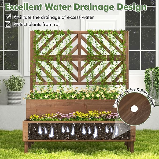 Raised Garden Bed with Trellis 2-Tier Wood Planter Box with Freestanding Legs &amp Drainage Holes Outdoor Raised Garden Bed for Climbing Plant Vine Vegetable