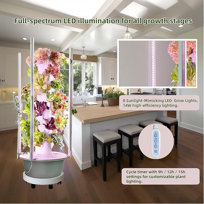 Hydroponics Growing System Kit with LED Grow Lights8-Layer Vertical Garden Tower 32 Pods Large Planting Sites 8 Gallon Indoor Growing System for Vegetables Herbs &amp Tomatoes Pump&ampDual Time