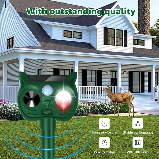 Solar Ultrasonic Animal Repellent Outdoor Motion Sensor Deer Repellent Devices Squirrel Cat Raccoon Rabbit Deterrent with Strobe Light Dual Mode Keep Skunk Away Protection for Yard Garden Lawn 2PCS