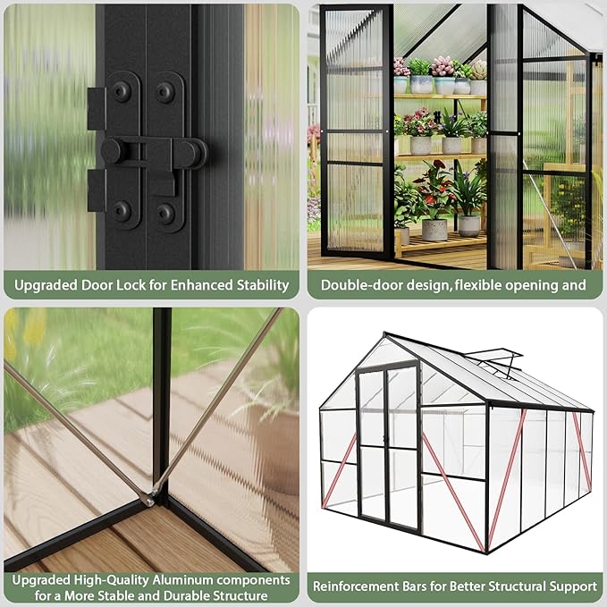 8 x 12 FT Outdoor Greenhouse Heavy-Duty Polycarbonate Greenhouse with Aluminum Frame Lockable Door Adjustable Roof Vent Walk-in Green House for Backyard Garden Patio