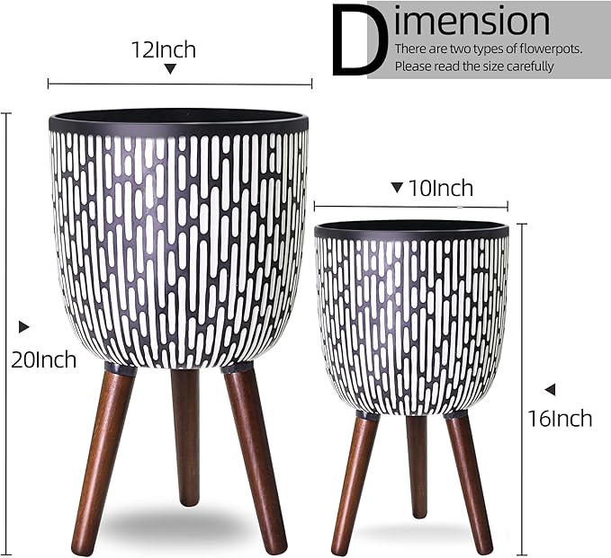 2 Set Plant Pot with Stand 10 &amp 12 inches Mid-Century Large Planter with Legs for Indoor Plants Boho Print Standing Plant Pot with Drainage Plug for Monstera Herb Succulent Flower Pot