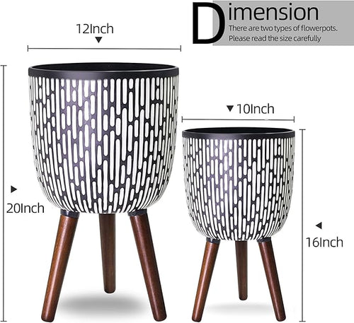 2 Set Plant Pot with Stand 10 &amp 12 inches Mid-Century Large Planter with Legs for Indoor Plants Boho Print Standing Plant Pot with Drainage Plug for Monstera Herb Succulent Flower Pot