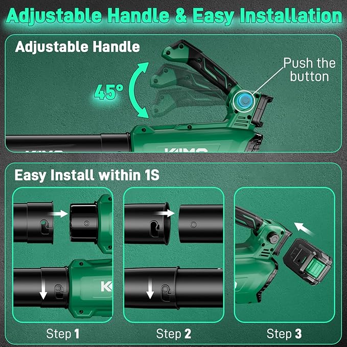 KIMO Leaf Blower Cordless with Battery and Charger 800CFM/300MPH Precision Adjustment Handle 3Speeds w/ Visual Panel Lightweight 2 Extended Tube 2* 2.0 Battery Powered Leaf Blowers for Lawn Care