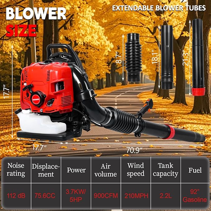 4-Cycle High Power Gas Backpack Leaf Blower5HP - 75.6CC Engine 750CFM Tornado-Like Airflow Adjustable Speed Ergonomic Design for Effortless Leaves Snow and Debris Cleanup