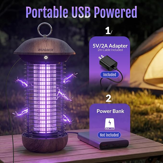 Bug Zapper Indoor Outdoor Electric Mosquito Zapper 4200V USB Powered Plug-in Works with Adapter or Power Bank No Built-in Battery 365-395nm LED Bug Light ABS Shell for Home Patio Camping