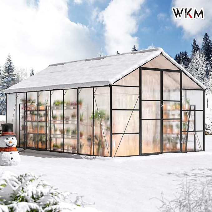 WKM 10x16 FT Greenhouse for Outdoors Walk-in Polycarbonate Greenhouse with Roof Vent and Quick Setup Structure Heavy Duty Green House for Outside Garden Backyard Black