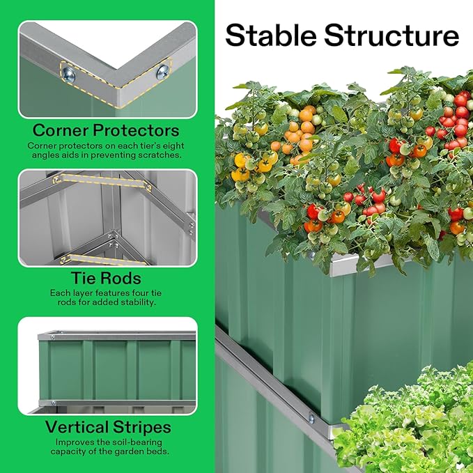 VIVOSUN 3-Tier Metal Raised Garden Bed 46 x 46 x 24 Galvanized Steel Metal Outdoor Planter Box with Gloves and Scissors to Grow Flowers Vegetables and Herbs for Outdoor Gardening Green