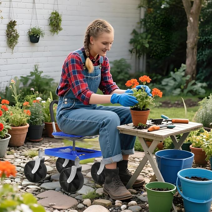 Gardening Rolling Seat Height Adjustable Rolling Garden Cart 360 Degree Swivel Gardening Stool with Tool Tray Rolling Work Seat for Gardeners Elderly Seniors (Blue)