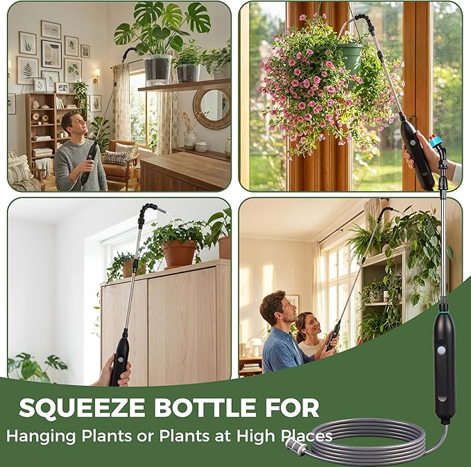 Rechargeable Cordless High Reach Plant Waterer - with Telescopic Wand Plant (25.6–33.4 in) Watering Can Hanging Plants Baskets 2 Adjustable Nozzles and 8.6ft Water Hose for Yard Lawn Weeds Plants