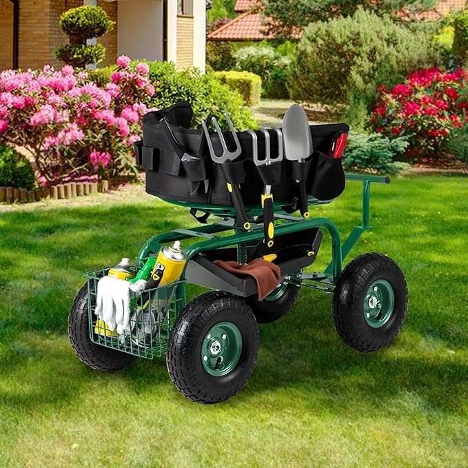 Garden Cart on Wheels 360° Swivel Rolling Outdoor Workseat with Washable Cushion &amp Dual Handles Height Adjustable Garden Stool for Patio Yard (Green)